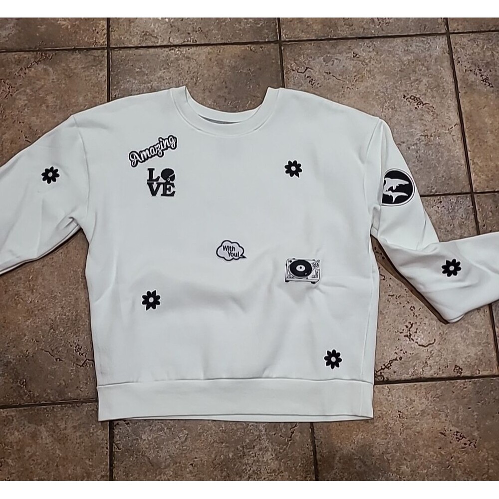 unisex upcycled  White Sweatshirt by Aunt Kenni Kloset med B & W power style